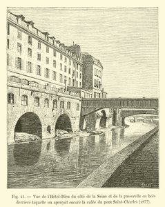 Vista del Hôtel-Dieu desde el lado del Sena y de la pasarela de madera detrás de la cual aún se ve el estribo del puente Saint-Charles, 1877