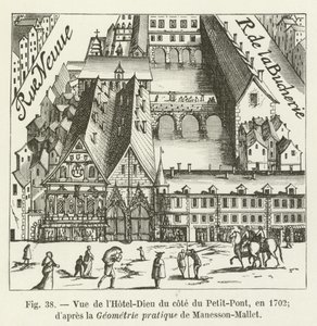 Vista del Hôtel-Dieu desde el lado del Petit-Pont, en 1702; según la Geometría práctica de Manesson-Mallet de French School