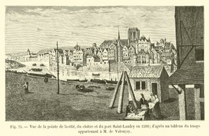 Vista de la punta de la ciudad, del claustro y del puerto Saint-Landry en 1590; según una pintura de la época perteneciente a M de Valencay de French School