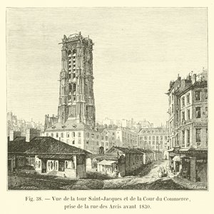 Vista de la torre Saint-Jacques y del Cour du Commerce, tomada desde la rue des Arcis antes de 1830 de French School