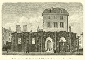 Vista de las ruinas del Hôtel-Dieu después del incendio de 1772; según un dibujo de la época comunicado por el barón Pichon de French School