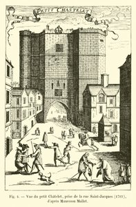 Vista del petit Chatelet, tomada de la rue Saint-Jacques, 1702, según Manesson Mallet de French School
