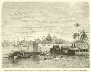 Vista del puerto y los muelles de Bangkok, tomada desde un barco frente a la iglesia de las Misiones