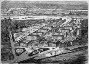 Vista exterior del Hôtel-Dieu en Nantes, inaugurado en 1863. Este hospital será casi completamente destruido durante un bombardeo en 1943. Loira Atlántico (44). Grabado en "Le Monde Illustré" n°347 del 5 de diciembre de 1863. de French School