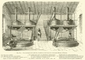 Vista interior de la sala de calderas y la sala de cocción de la cervecería Riester, en Puteaux