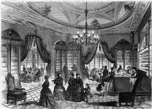 Vista interior de la tienda de zapatos de M. Herbert, 93 rue de Richelieu en París. Grabado en "Le Monde Illustré" n°613 del 9 de enero de 1869 de French School
