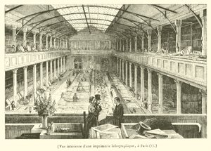 Vista interior de una imprenta litográfica en París (grabado)