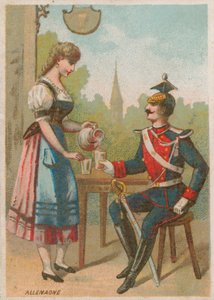 Camarera sirviendo una bebida a un soldado, Alemania de French School