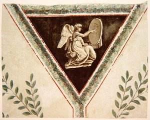 Detalle de papel tapiz que representa un panel con un ángel de French School