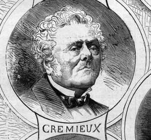 Guerra de 1870 - Gobierno de la Defensa Nacional: retrato de Adolphe Crémieux (1796-1880), miembro del gobierno provisional de 1870. Grabado en "Le Monde Illustré" n°706 del 22 de octubre