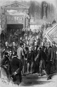 Guerra de 1870: el presidente del Consejo Adolphe Thiers (1797-1877) recibió las felicitaciones de los diputados tras su liberación de la Asamblea Nacional reunida en Burdeos el 19 de febrero de 1871. Acaba de obtener la investidura de su gobierno. Grabado