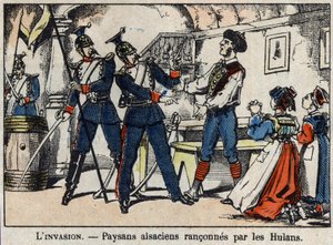 Guerra de 1870 entre Francia y Prusia: campesinos alsacianos extorsionados por los Hulanos (Uhlans, Houlans) imagen de Epinal. de French School