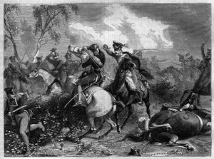 Guerra de la Cuarta Coalición 1806-1807 - El Príncipe Luis Fernando de Prusia herido mortalmente durante el combate con la caballería inglesa invasora en la Batalla de Saalfeld durante las Guerras Napoleónicas