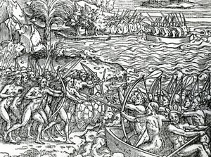 Escena de guerra, Brasil, ilustración de "Singularidades de la Francia Antártica", por André de Thevet, 1558 de French School