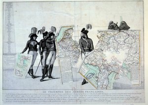 Guerras de la Revolución: General Napoleón Bonaparte (1769-1821) sosteniendo un mapa de Italia (en el momento de la Campaña Italiana) para completar el rompecabezas de los territorios conquistados por Francia. A la izquierda, probablemente los generales Ho