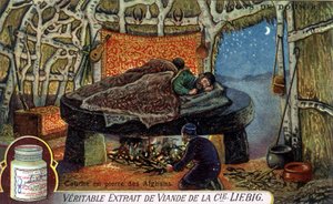 Maneras de dormir: Capa de piedra afgana. Cromolitografía de embalaje Liebig de French School