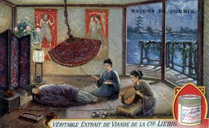 Formas de dormir: dormitorio japonés. Cromolitografía de embalaje de Liebig de French School