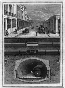 Lo que hay bajo el pavimento de Londres (Gran Bretaña): Tubería de gas, tubería de agua, tubo neumático para desechos, desagües, túnel y línea ferroviaria para áreas metropolitanas. Grabado en “La Nature. Revue des sciences et de ses applications aux arts  de French School