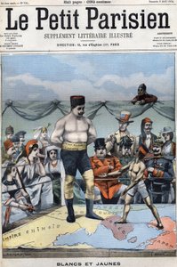 Blanco y Amarillo (caricatura sobre la guerra ruso-japonesa: países como Francia, EE.UU., China... observando a Japón y Rusia boxeando). Portada de Le petit Parisien del 3 de abril de French School