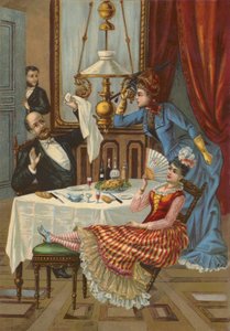 Esposa reprendiendo a su marido por invitar a cenar a su amante (cromolito) de French School