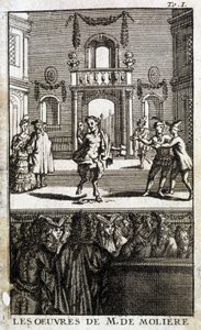 Fauna y personajes en escena con público - en “Las Obras de M. de Molière” de French School