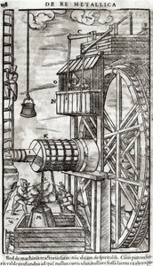 Cabrestante para sacar agua de una mina, ilustración de De Re Metallica por Georg Bauer (1494-1566) conocido como Agricola, 1561 de French School