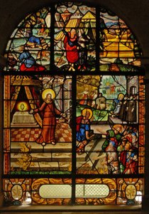 Ventana Charnier-10 que representa el Maná del Cielo; Cristo y la Hostia de French School