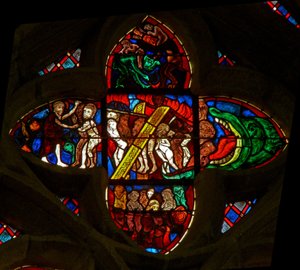 Ventana Ew que representa el Descenso al Infierno de French School