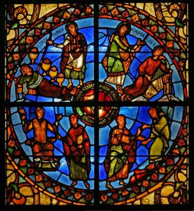 Ventana del Tesoro-D que representa la historia de las reliquias de San Esteban de French School