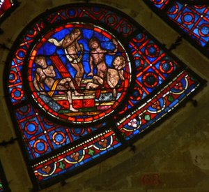 Ventana Ww que representa una escena del Juicio Final: almas resucitando al sonido de la trompeta de French School