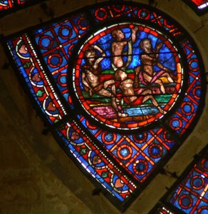 Ventana Ww que representa una escena del Juicio Final: almas resucitando al sonido de la trompeta de French School