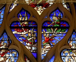 Ventana que representa a ángeles músicos, trompeta, arpa, flauta, órgano de French School