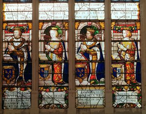 Ventana que representa a Jacques de Bourbon (1315-61) Conde de la Marche, Jeanne de Chatillon-Saint-Pol (m.1371) Jean I de Bourbon (1361-94) y Catherine, Condesa de Vendome de French School