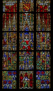 Ventana que representa al Rey Salomón entronizado de French School