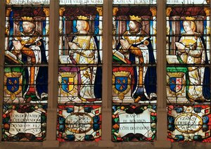 Ventana que representa a Louis de Bourbon (1376-1446) Conde de Vendome, Jeanne de Laval (m.1468) Jean II de Bourbon (1446-77) Conde de Vendome e Isabelle de Beauvau (m.1474) de French School