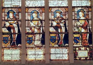 Ventana que representa a Louis de Bourbon (1465-1520) Príncipe de La Roche-sur-Yon, Louise de Bourbon (m.1561) Condesa de Montpensier, Louis II de Bourbon (1513-82) Duque de Montpensier y Jacquette de Longwy de French School