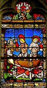 Ventana que representa a San Crispín y San Crispiniano: el martirio (vidriera) de French School