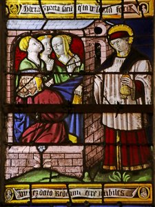Ventana que representa a San Nicolás dejando dinero para el padre de tres niñas para evitar que se prostituyan (vidriera) de French School