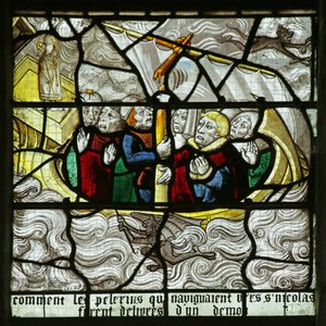 Ventana que representa a San Nicolás salvando a los peregrinos de naufragar en una tormenta (vidriera) de French School