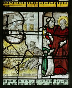 Vidriera que representa a San Nicolás salvando a un niño de ser hervido vivo, 1460-70