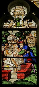 Ventana que representa a Susana siendo acosada mientras se baña (vidriera) de French School