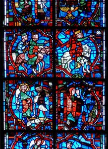 Ventana que representa escenas de la infancia de Cristo, incluyendo a los Magos siguiendo la estrella, la Anunciación a los Pastores y la Visitación de French School