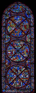 Ventana que representa escenas de la vida de San Esteban de French School