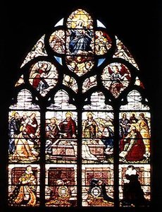 Ventana que representa la Asunción de la Virgen y los donantes, el Mariscal de Montigny y su esposa, Gabrielle de Crevent, de la Capilla de las Fuentes Bautismales, 1619 de French School