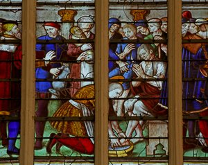 Ventana que representa los actos piadosos y caritativos de San Luis sometiéndose a la flagelación de French School