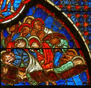Ventana que representa a los discípulos dormidos en Getsemaní de French School