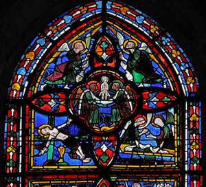 Quinta sección de la ventana w7: la muerte de San Pedro: su alma asciende al cielo de French School