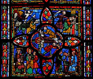 Segunda sección de la ventana w7: en el centro está la crucifixión de San Pedro; en otros lugares está San Pedro ante Nerón; San Pedro encarcelado; el diablo toma un alma de French School