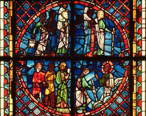 Ventana de la Capilla de la Virgen que representa a los israelitas en el desierto y a Moisés en el Monte Sinaí, c.1240-50 de French School