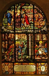 Ventana en el Charnier (w.4) que representa la Alimentación de los 5000 y la reunión y cena en Emaús de French School